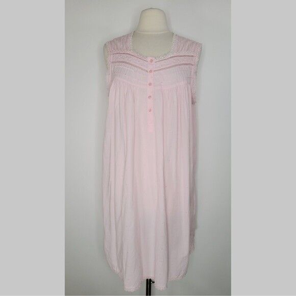 ERIKA TAYLOR Pink Cotton Nightgown Size XL Sleeveless Swiss Dot Lace Cottage